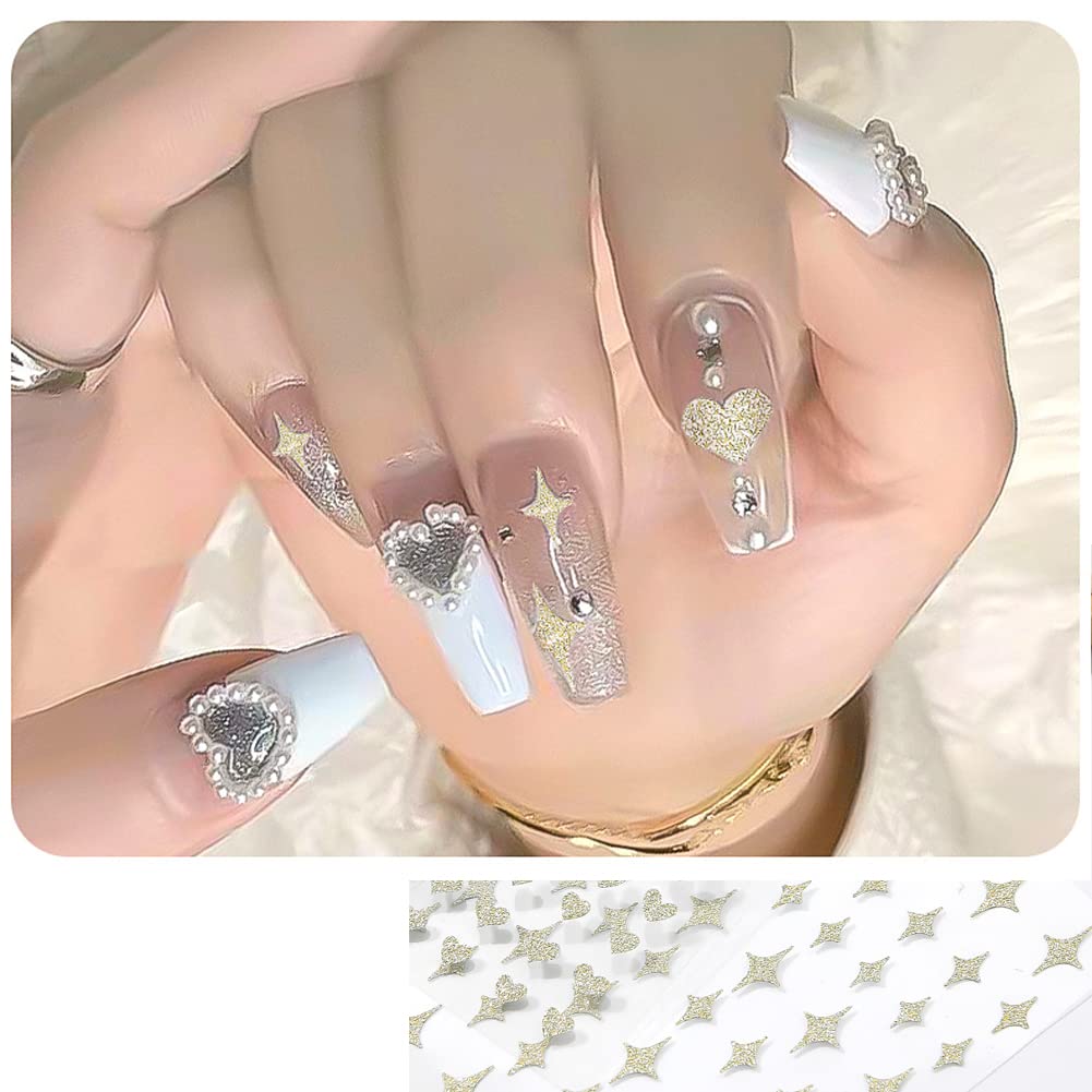 6 Sheets Gold Nail Art Adhesive Stickers,3D Metallic Self-Adhesive Nail Decals Heart Butterfly Flame Star Glitter Nail Art Desig