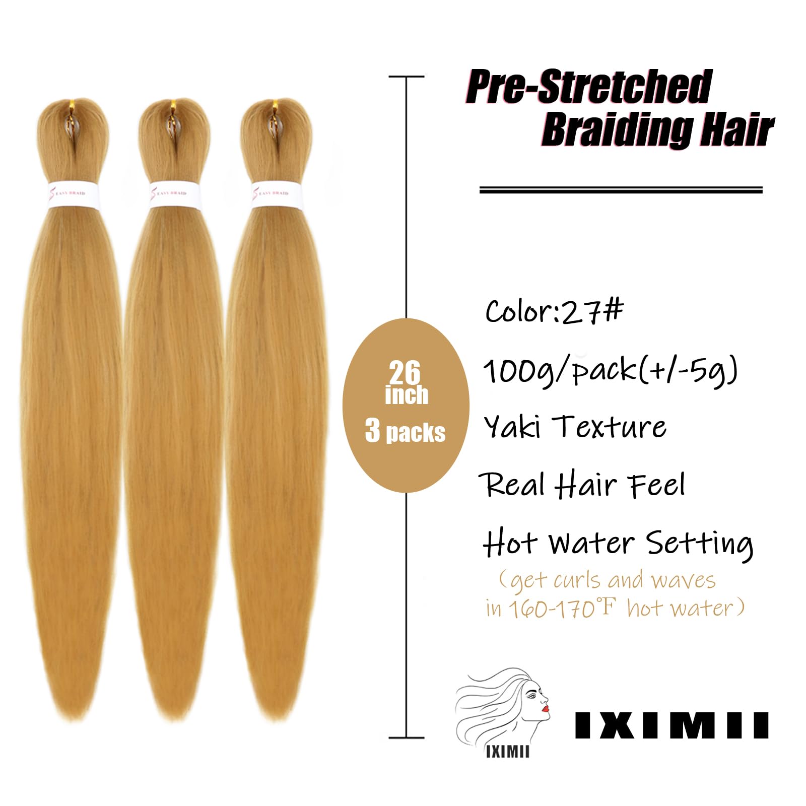 Iximii 27# Pre Stretched Braiding Hair 26 Inch 3 Packs Pre-Stretched Kanekalon Hair Soft Long Straight Braids Honey Blonde Color