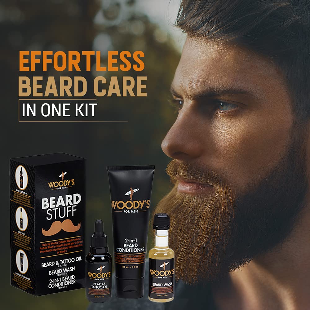 Woody'S Beard Stuff 3 Piece Kit - Beard And Tattoo Oil, Beard Wash, 2-In-1 Beard Conditioner