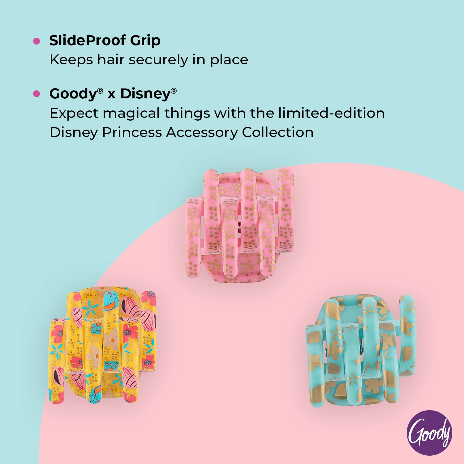 GOODY Classics Half Claw Clips - 3-Pack, Disney Princess, Moana - Great for Easily Pulling Up Your Hair - Pain-Free Hair Accesso