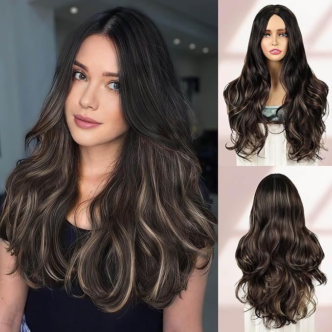 QUEENTAS Long Brown Wigs for Women Natural Synthetic Hair Wavy Wig(Dark Brown Highlight Blonde)