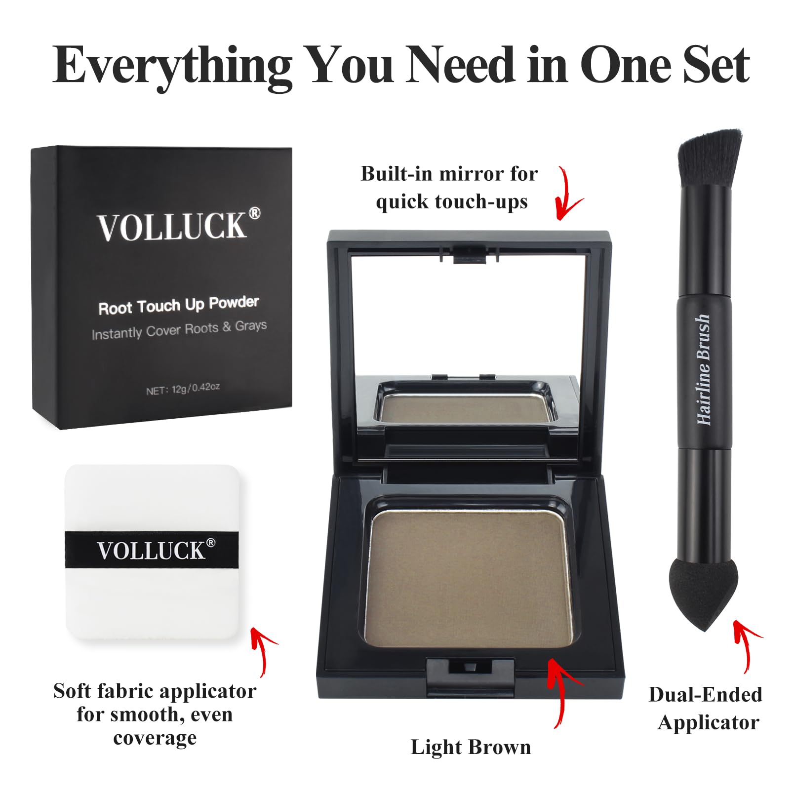 VOLLUCK Root Touch up Powder, Long-lasting Gray Hair Cover up Powder for All Hair Types, Waterproof for Women and Men (Light-Bro