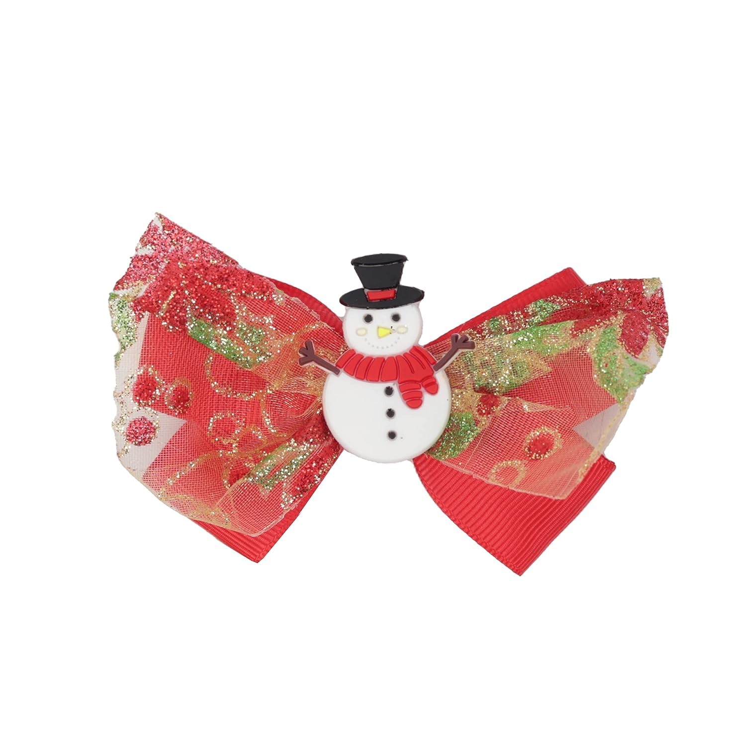 Hair Bow Sparkle Christmas Bow with Silicone Charm - Red Snowman