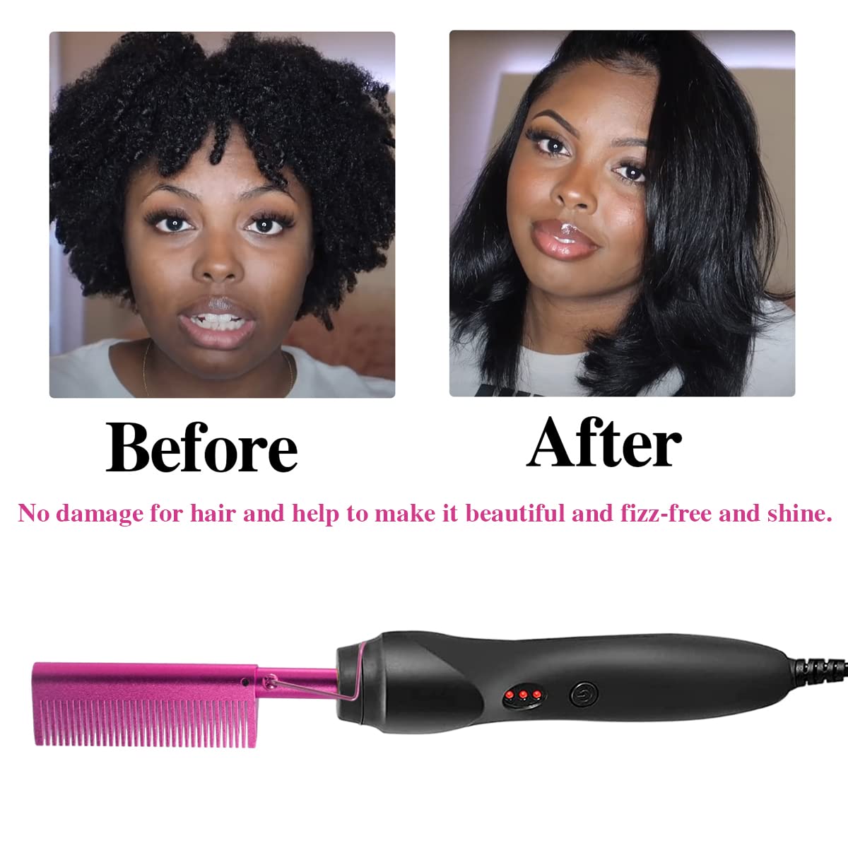 Goiple Electric Hot Comb Pink Hair Straightener & Curling Iron for Natural Black Hair Wigs - Model GEHC005