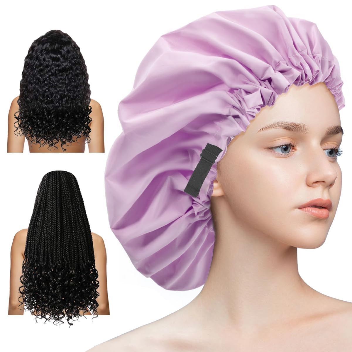 Aquior Shower Cap,Extra Adjustable Shower Caps For Women Double-Layer Waterproof Reusable Hair Cap, Large Size Hair Cap For All