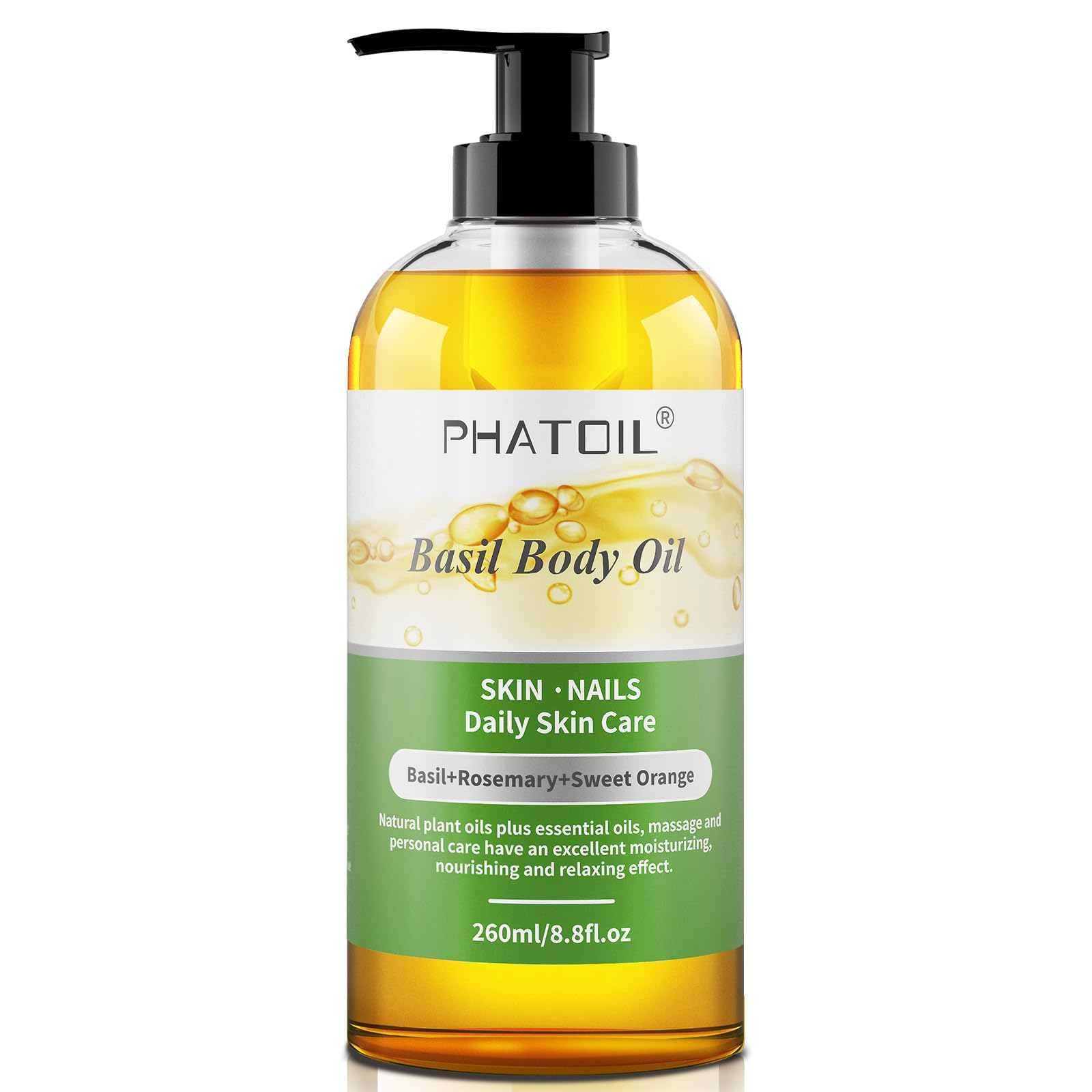 Phatoil Basil Body Oil With Pump, 260 Ml (8.8 Fl.Oz) Multi-Purpose Massage Oil Basil Oil, Blends Of Natural Plant Oils And Essen