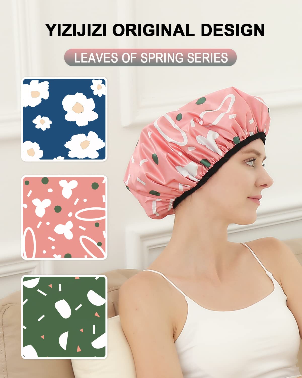 Yizijizi Terry Lined Shower Caps, Triple Layer Large Shower Cap For Women, Reusable Shower Caps For Long Thick Hair, Waterproof