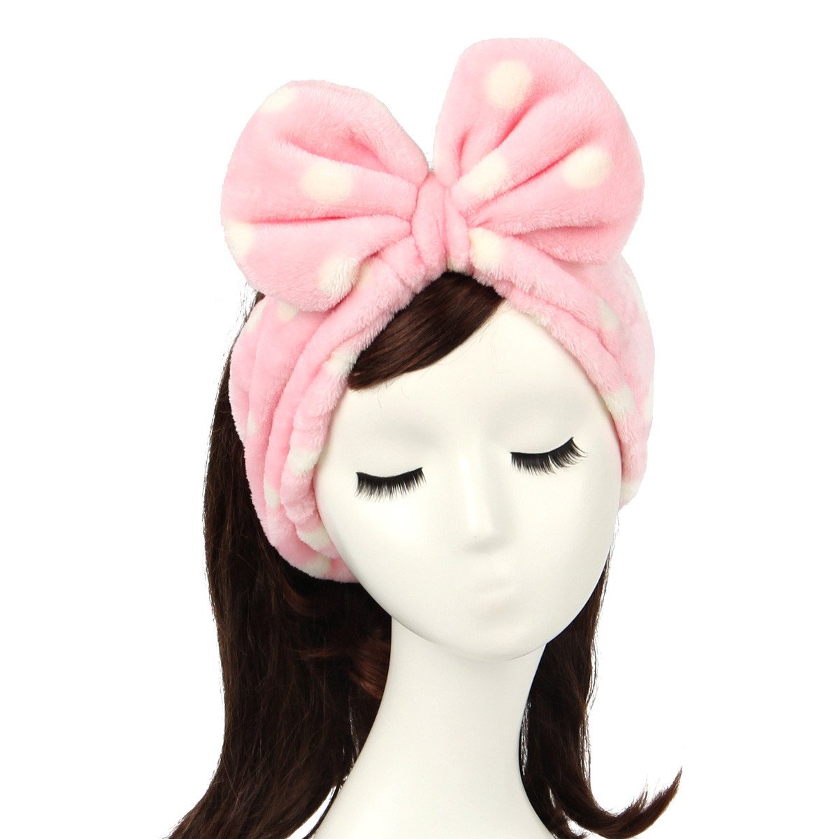 Shintop Women Fashion Lovely Soft Carol Fleece Bowknot Bow Makeup Cosmetic Shower Elastic Hair Band Hairlace Headband (Pink Polk