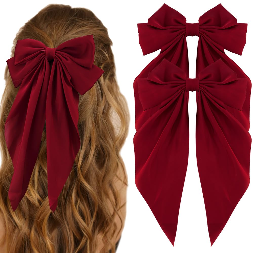 ATODEN Red Silky Satin Large Oversized Bowknot Hair Bows 2Pcs Long Tail Barrettes Metal Clips Aesthetic Hair Accessories Christm