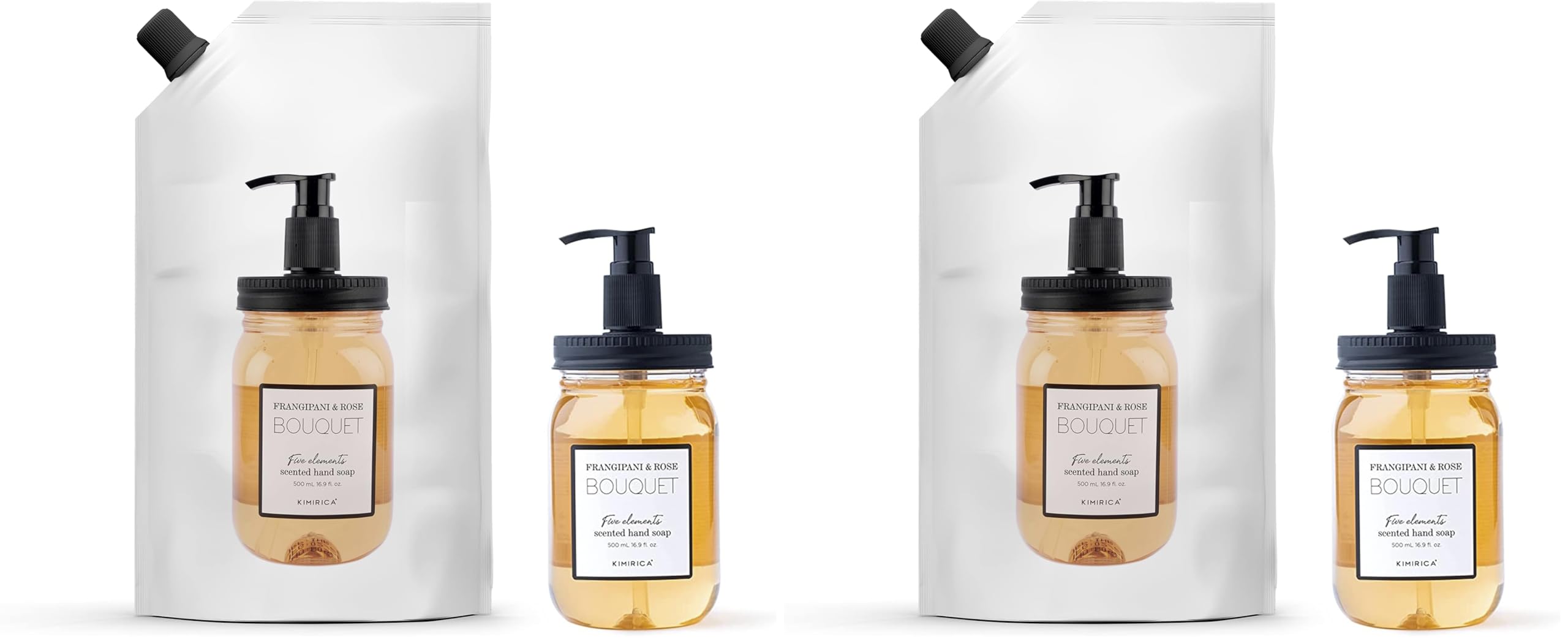 Kimirica Foaming Bouquet Handwash Pump Dispenser + Refill Combo Pack 100% Vegan And Paraben Free Pack Of 4 Rich Foam | Moisturiz