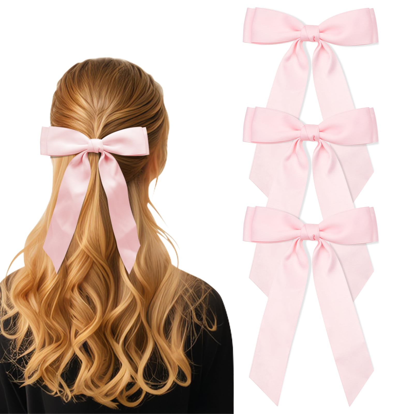 3Pcs Pink Hair Bows for Women Double-Layer Long Tail Bow Hair Clip Hair Ribbon Ponytail Holder Hair Accessories for Girls Toddle
