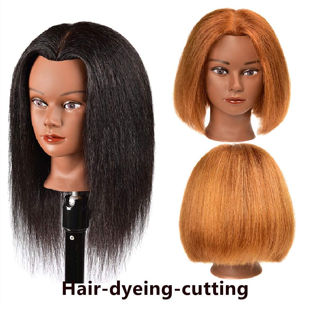Mannequin Head With 100% Real Hair, 16'' Hairdresser Cosmetology Mannequin Manikin Training Practice Doll Head For Hairstyling A