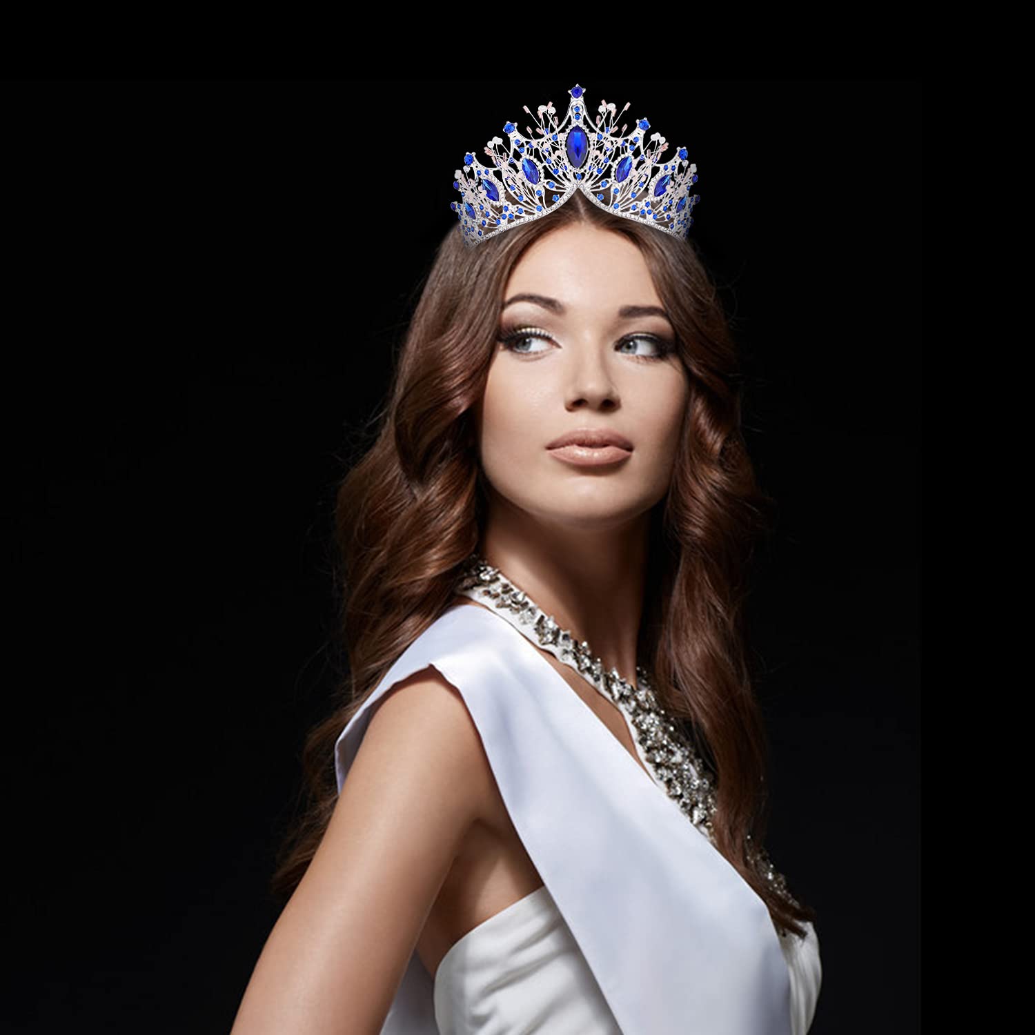 COCIDE Silver Tiara and Crown for Women Blue Gem Rhinestone Baroque Queen Headband for Girl Crystal Mermaid Princess Hair Access