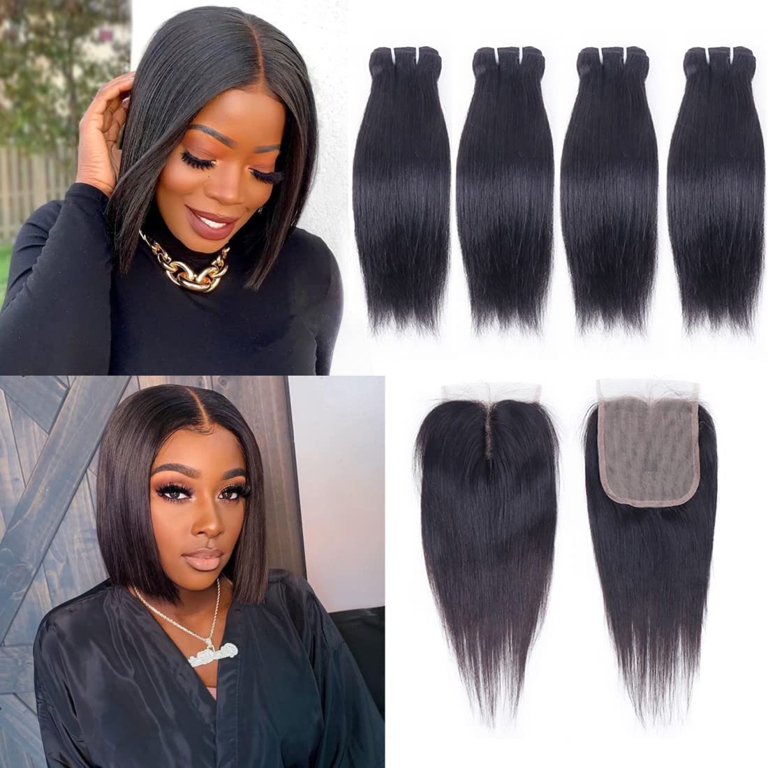 Brazilian Straight Hair Bundles with T Part Closure(10 10 10 10+10) Straight Human 4 Bundles with Closure 50g/pc 10A Unprocessed
