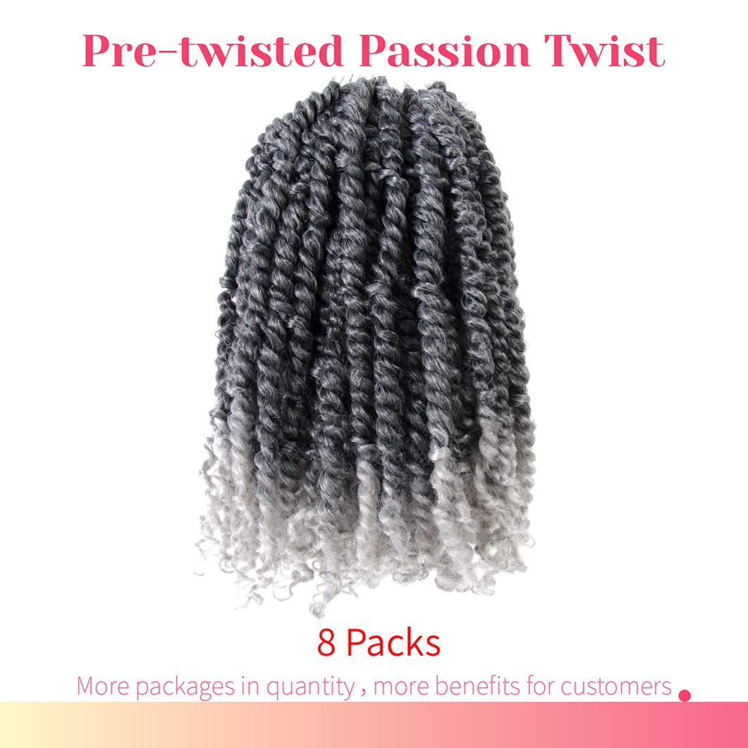 The Bohobabe Pre-Twisted Passion Twist Crochet Hair 12 Inch Short Pre-Looped Crochet Passion Twist Braiding Hair 8 Packs (T1B/Gr