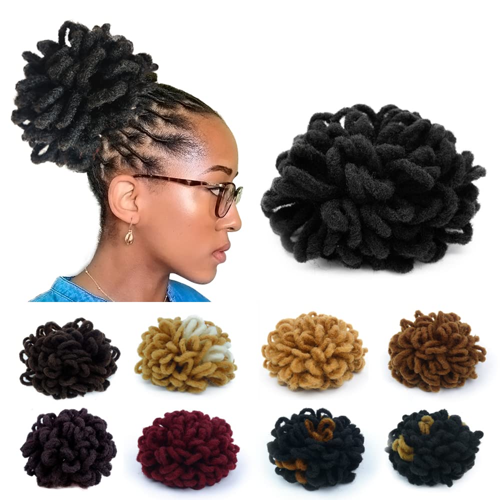 KGBFASS Loc Petal Bun Dreadlock Drawstring Ponytail Curly Faux Locs Braided Ponytail Clip in Chignon Scrunchies Hairpiece for Bl