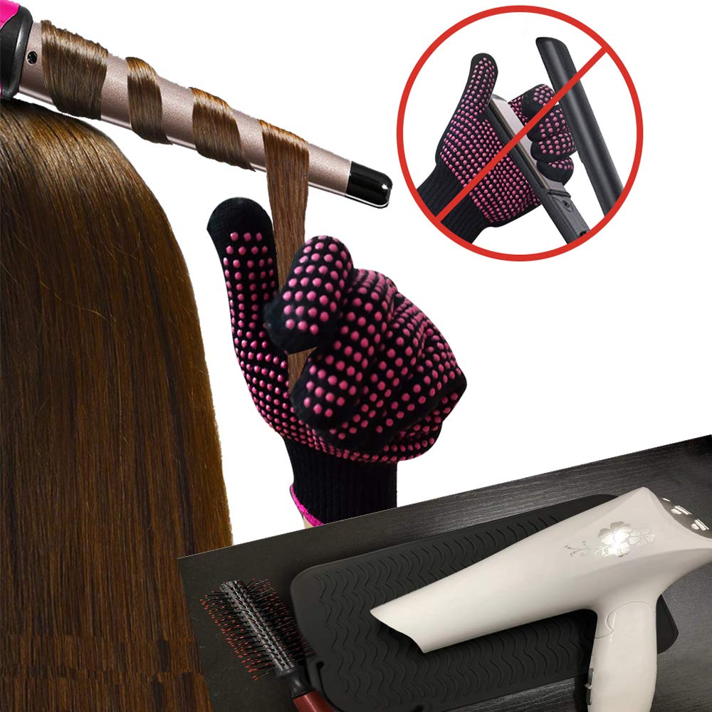 Heat Resistant Silicone Glove and Mat Set for Curling Iron, Hair Straightener, Flat Irons - 9 '' x 6.5 '' Food Grade Silicone Ma