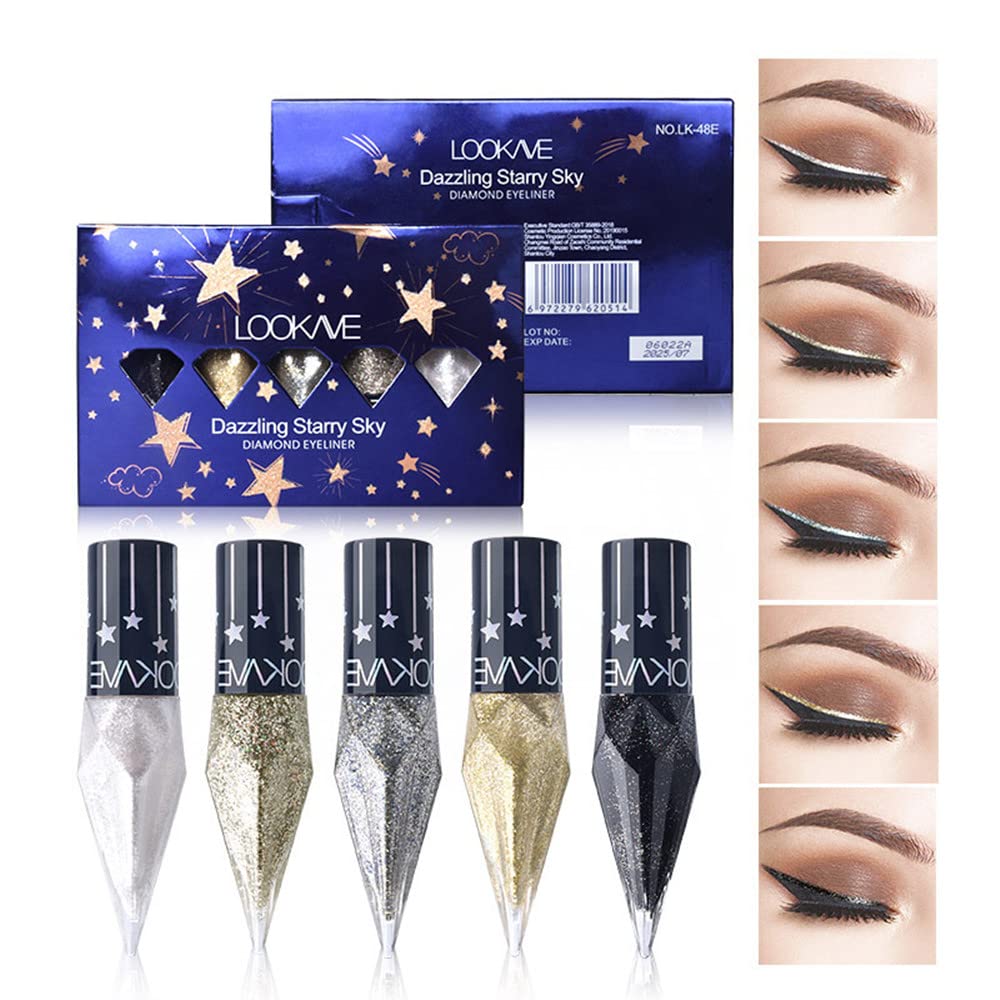 Go Ho Glitter Liquid Eyeliner Colorful Set,5 Colors Metallic Shimmer White Black Silver Gold Diamond Eyeliner,Glitter Eye Liner
