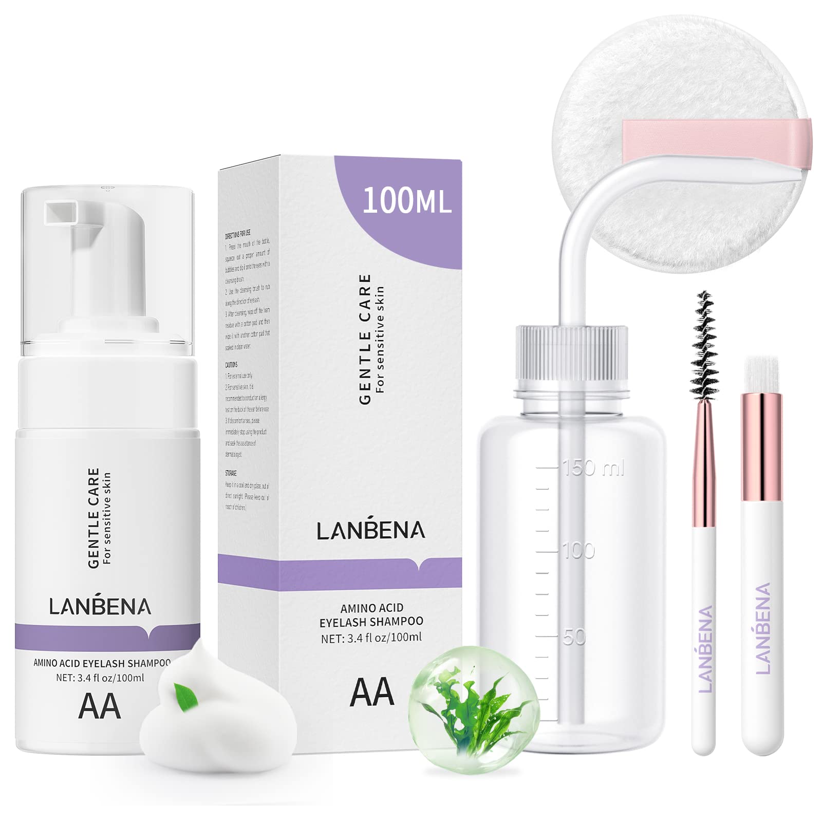 Lanbena Lash Shampoo Kit For Lash Extensions 100Ml, Eyelash Extension Cleanser, Amino Acid Lash Wash Soap Mousse Bath For Sensit