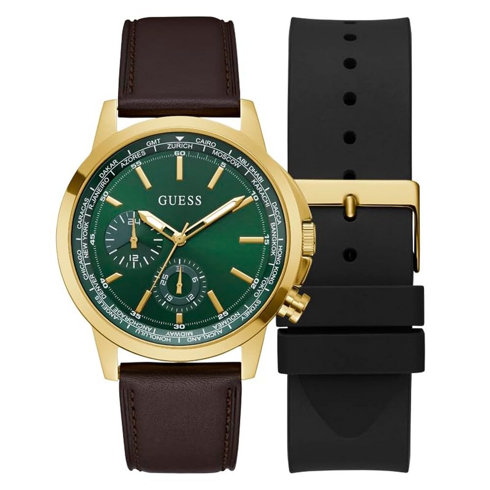 Guess Leather Men 44Mm Analog Watch  Interchangeable Straps Strap Green Dial Gold Tone Case, MultiColor Band