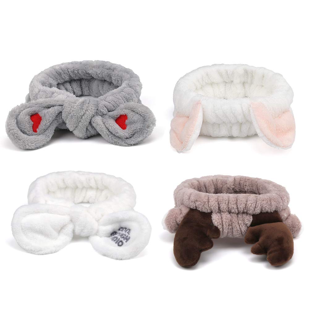 Ahoney Makeup Spa Headband Face Wash Headband For Women Girls Cute Headbands Animal Ears Shower 4Pcs Coral Fleece Hair Band Wome