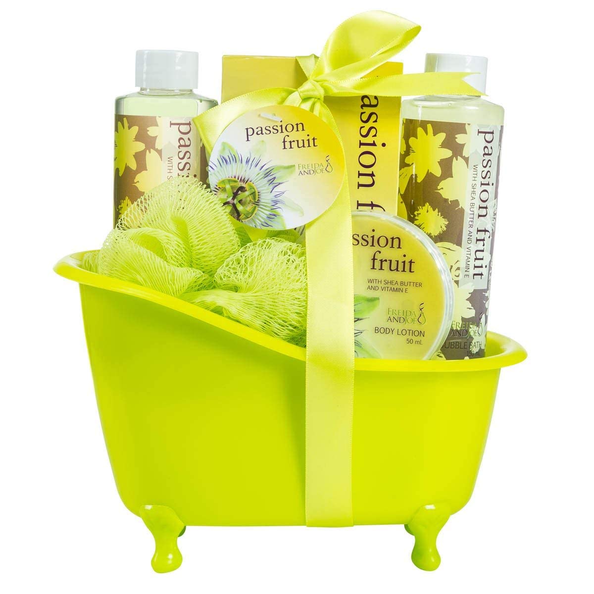 Home Spa Bath Basket Passion Fruit Fragrance Bath & Body Set For Women Contains Shower Gel, Bubble Bath, Body Lotion, Bath Salt