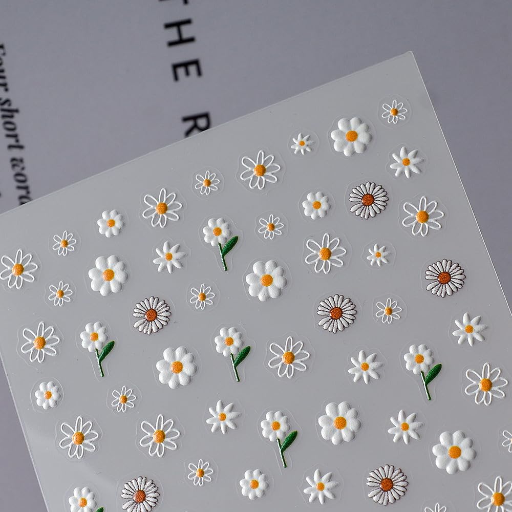 Flower Nail Art Stickers 5D Embossed White Daisy Nail Stickers Self-Adhesive Flower Nail Decals For Women Girls Daily Wear Manic
