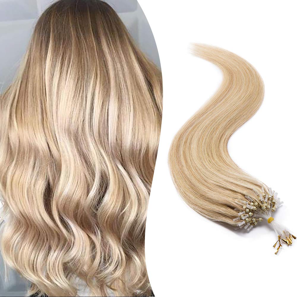 SEGO Micro Beads Hair Extensions Human Hair 14 Inch Ash blonde and bleach blonde Micro Loop Human Hair Extensions Natural Straig