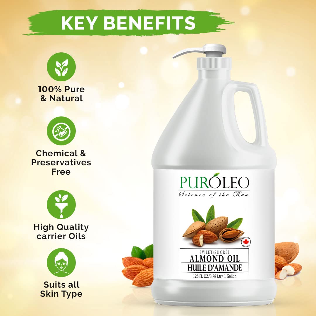 Puroleo Sweet Almond Oil 128 Fl Oz/3784 Ml (Packed In Canada) Pure Almond Oil For Skin, Hair, & Body | Organic Carrier Oil & Bod