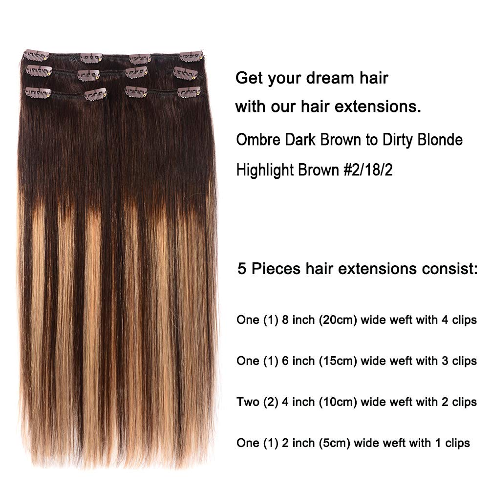 5 Pieces 18'' Remy Clip In Hair Extensions Human Hair Dark Brown To Dirty Blonde Highlight Brown Ombre - Silky Straight Short Th