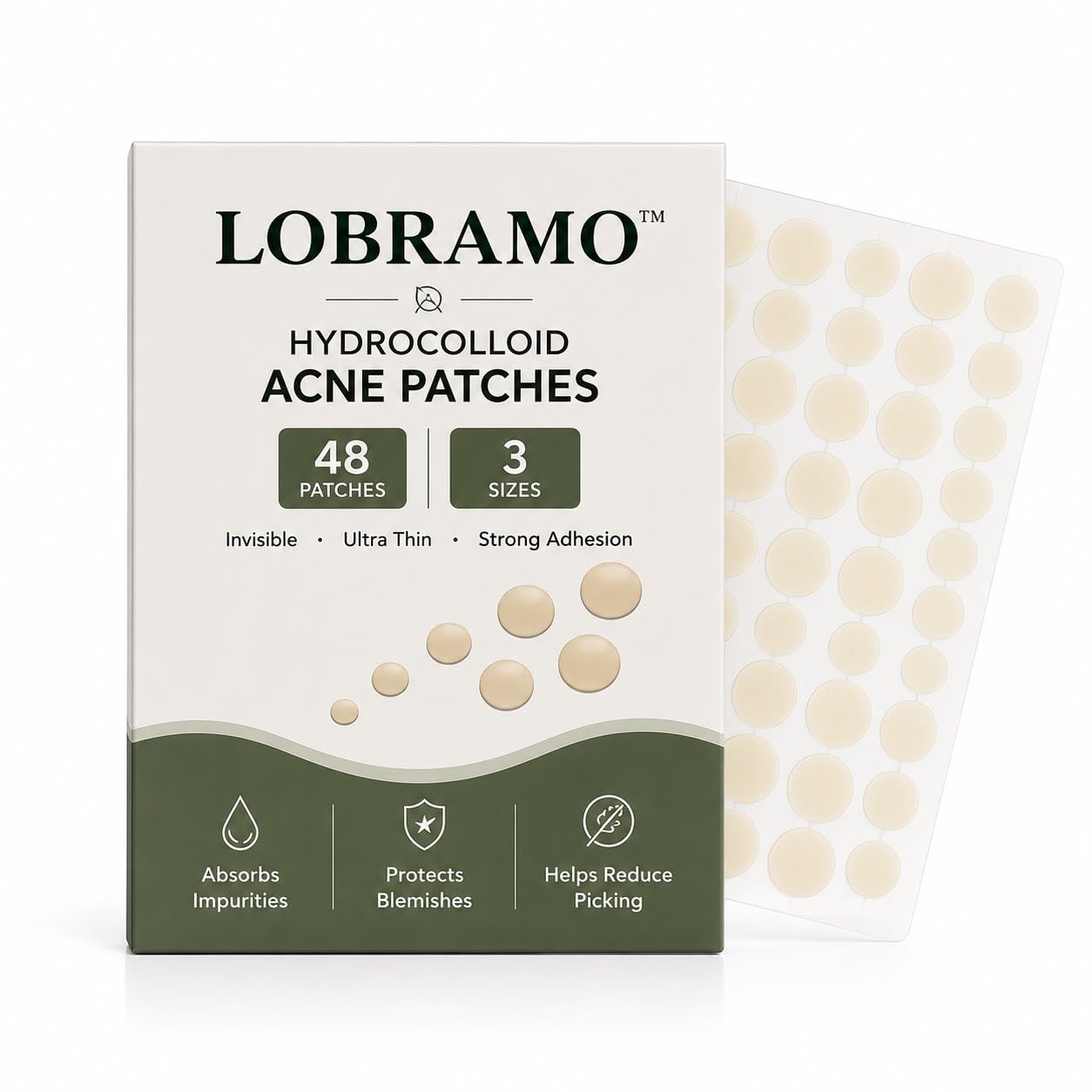 LOBRAMO Hydrocolloid Acne Patches, 48 Count, 3 Sizes, Ultra Thin