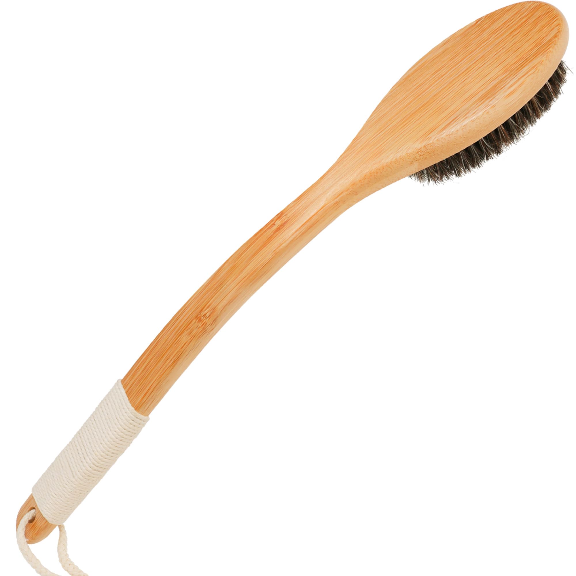 Owiizi Horsehair Bath Brush Bamboo Curved Long Handle Antiskid Body Brush For Exfoliating, Natural Mane Shower Scrubber For Back