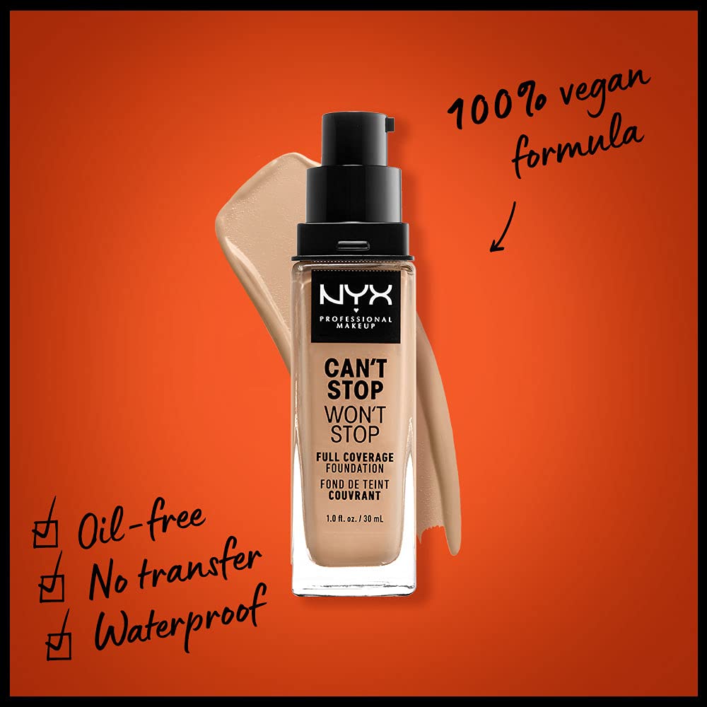 NYX PROFESSIONAL MAKEUP Can't Stop Won't Stop Foundation, 24h Full Coverage, Matte Finish, 1 Fl Oz, True Beige, Model CSWSF08