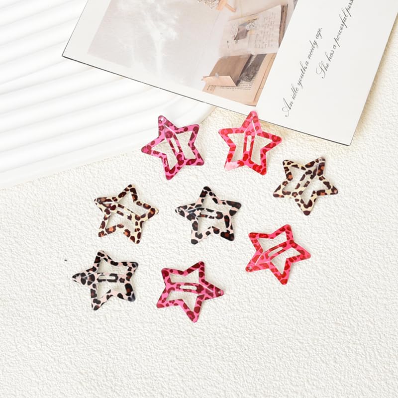 Star Snap Clips For Hair Y2K Pink Leopard Print Hair Clips Set Of 8 Metal Brown Cheetah Leopard Hair Barrettes Hairpins Headpiec