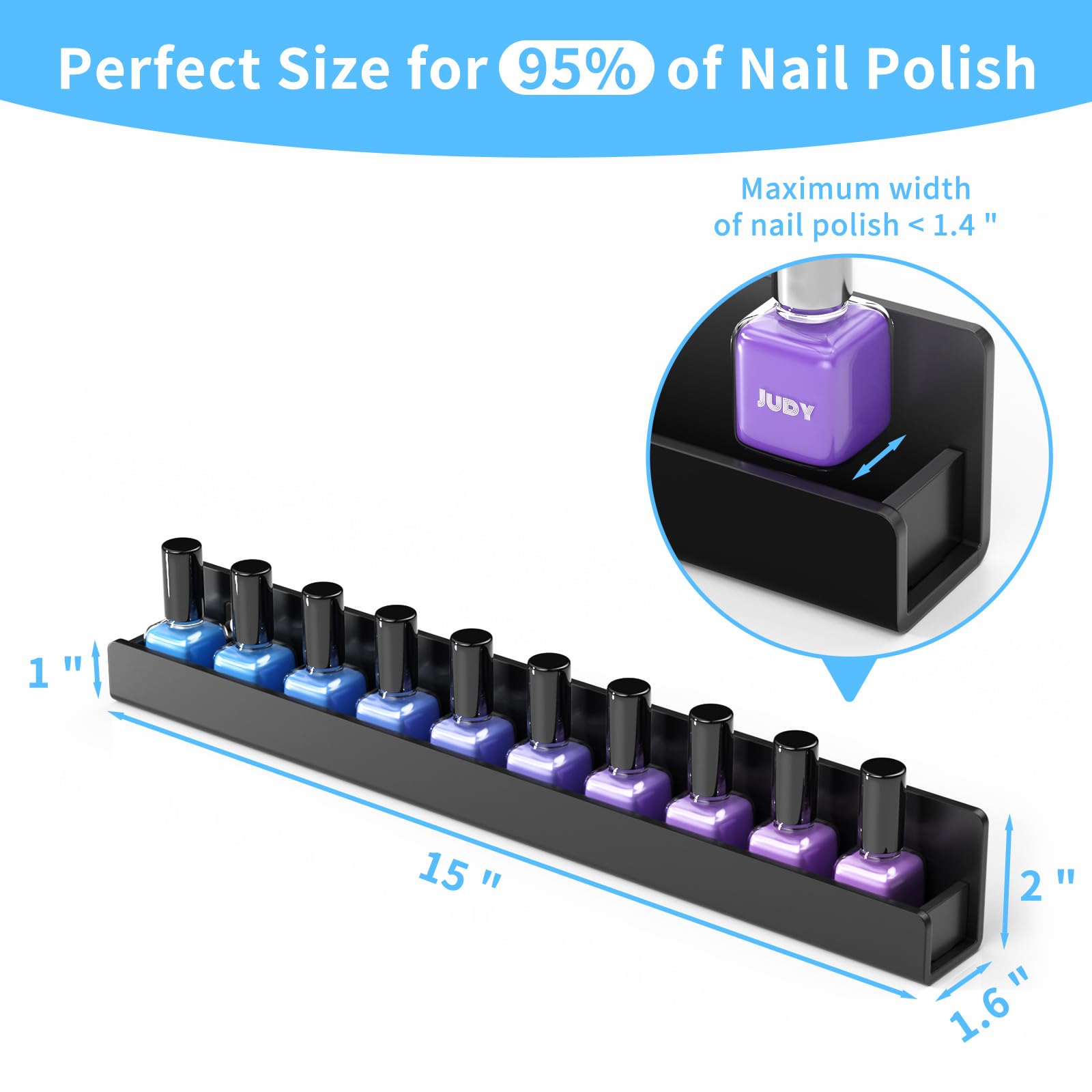 Niubee 6 Pack Nail Polish Rack Wall Mounted Shelf With Removable Anti-Slip End Inserts, Acrylic Nail Polish Organizer Display 90