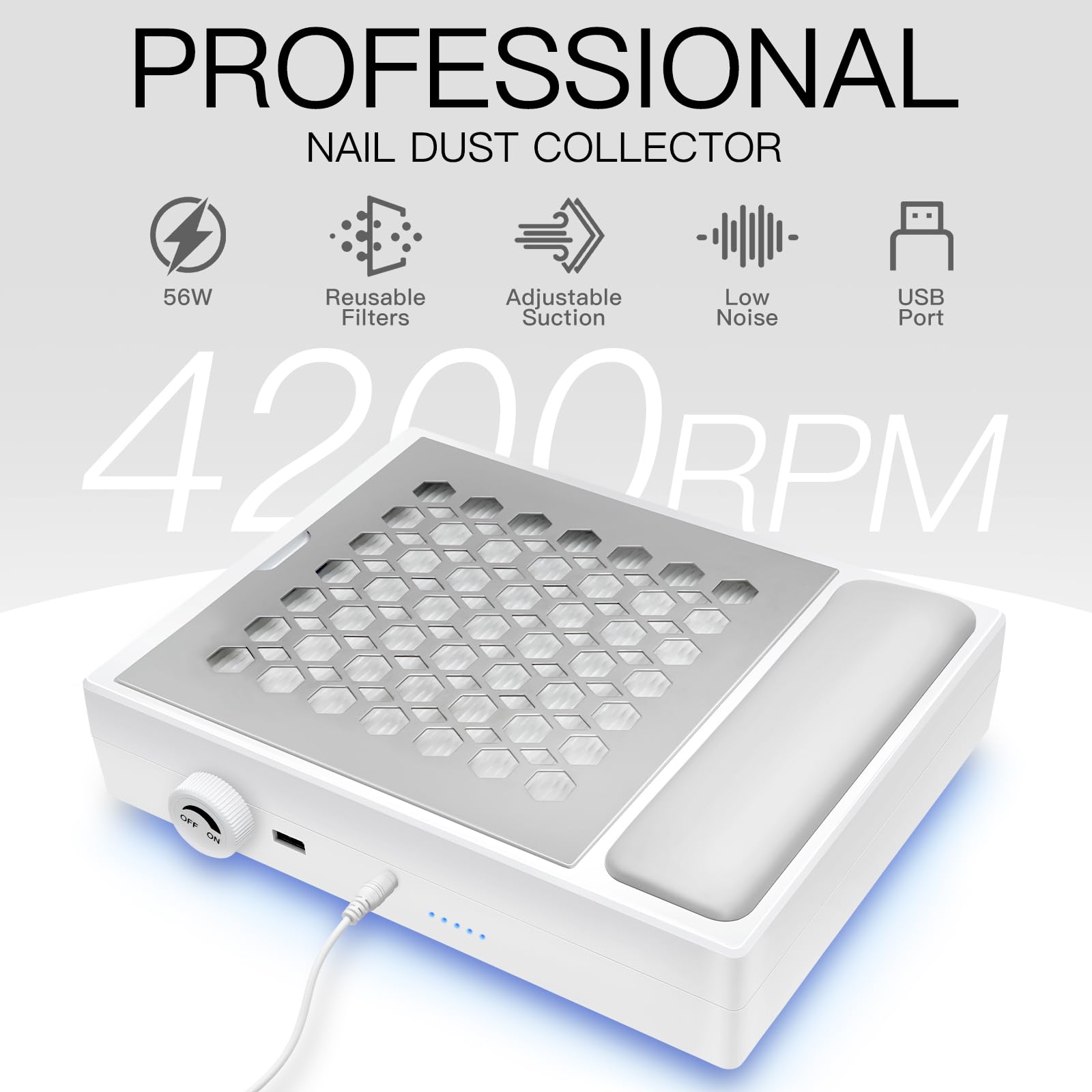 Madenia Powerful Nail Dust Collector - Brushless Quiet Vacuum Suction Fan Extractor with Hand Pillow 2 Filters 1 Brush, Nail Dus