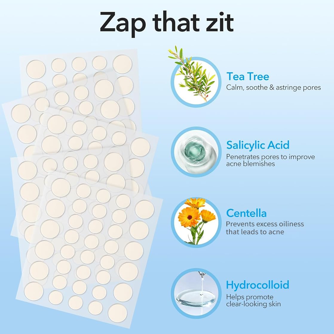 Qustere Pimple Patches For Face, Hydrocolloid Acne Patches, Cute Round Shape Zit Covers, Spot Stickers With Tea Tree, Salicylic