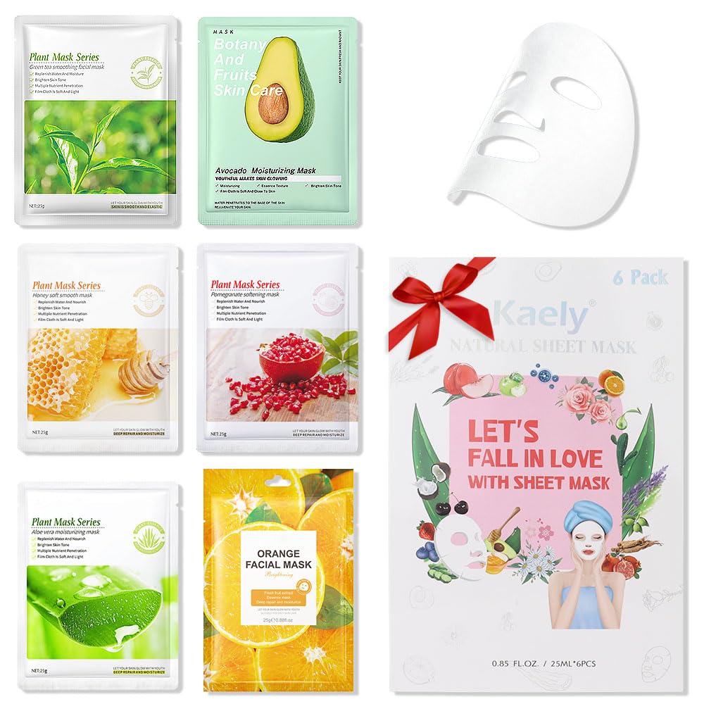 6 Pcs Real Nature Hydrating Green Tea Honey Aloe Vera Face Mask Skincare, Hyaluronic Acid, Vitamin C And E, Chamomile, Korean Be