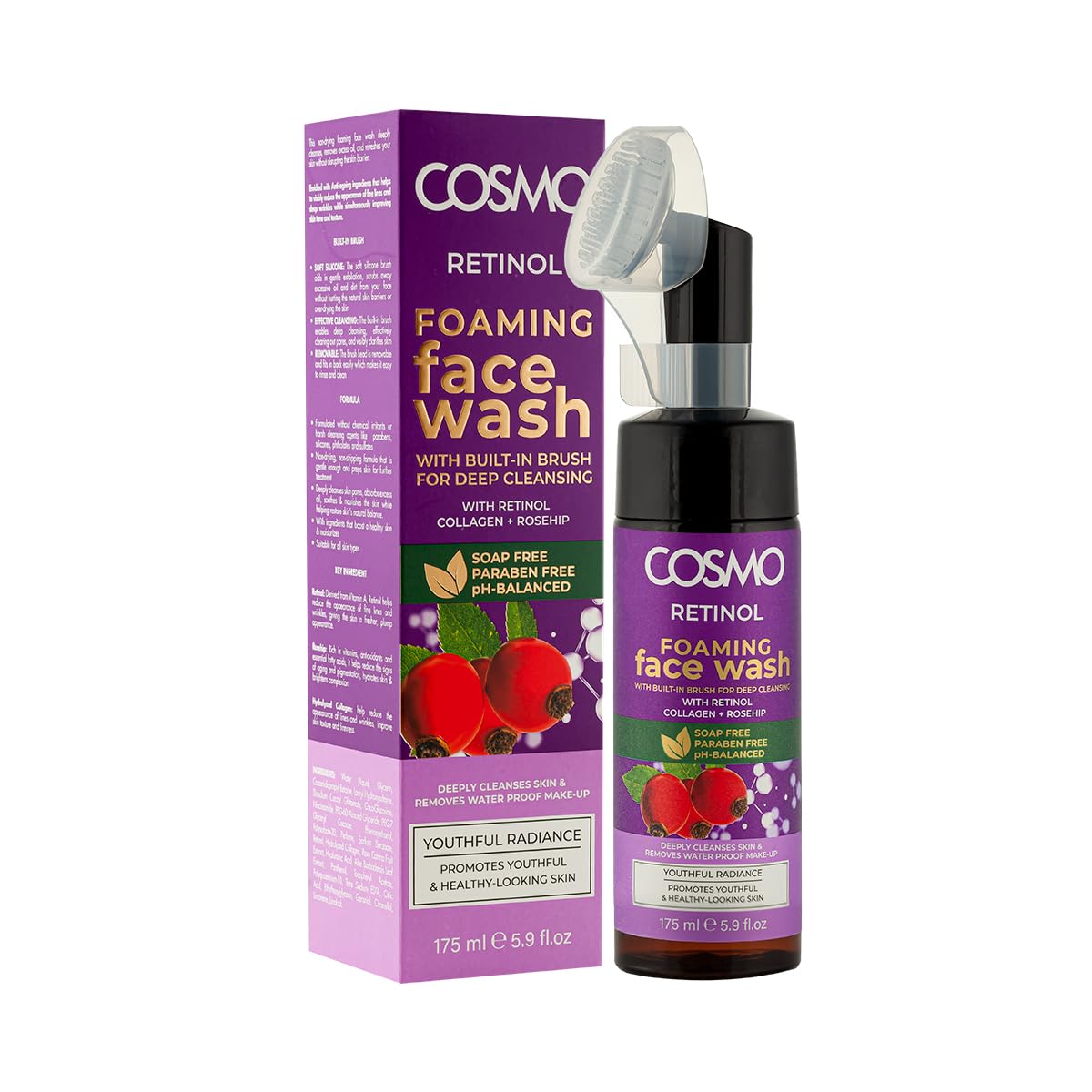 Cosmo Retinol Foaming Face Wash 175Ml, With BuiltIn Brush For Deep Cleansing, Paraben Free & Ph Balanced, For Healthy Looking S