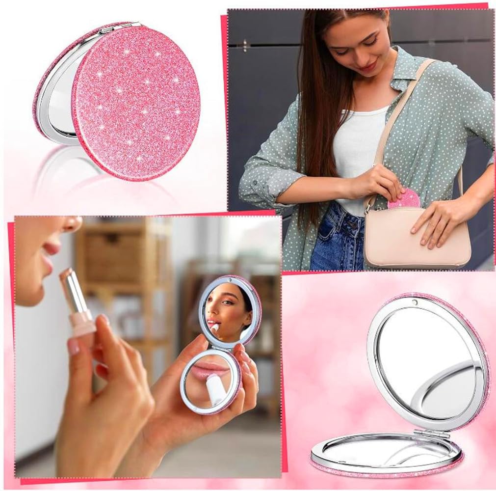 Mpowtech Cute Pink Compact Mirror For Women,Small Magnifying Travel Mirror With Glitter,Portable 2 X 1X Magnification Folding Po