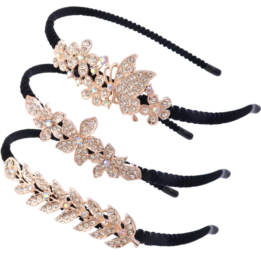 TCOTBE 3 Pcs Crystal Hair Band Fashion Hairbands for Girls Leaf Butterfly Flower Jewelry Rhinestone Hoop Elegant Hair Pieces Bli