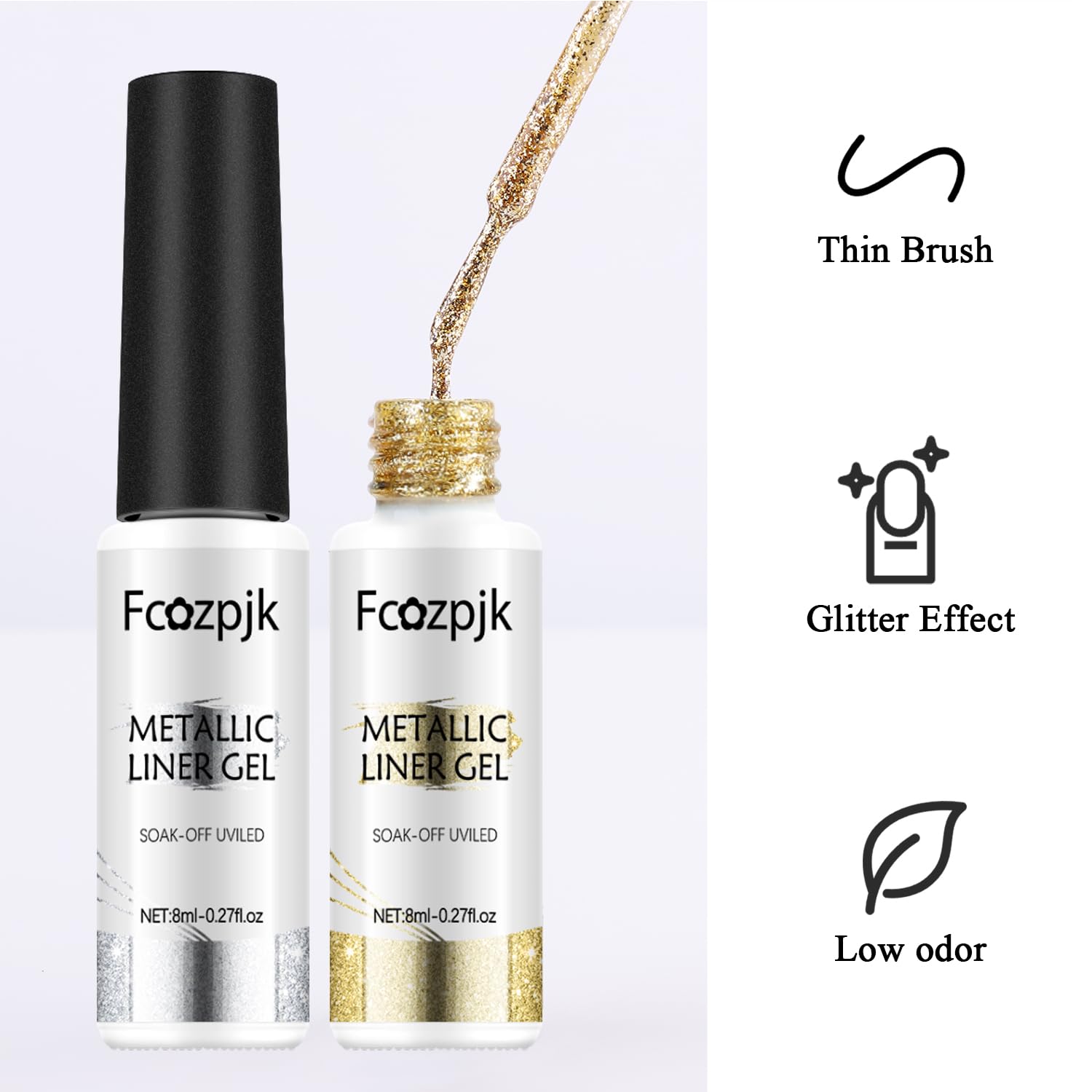 Fcozpjk Gel Liner Art Set 2PCS Sparkle Glitter Silver Gold Gel Polish 8ml Soak Off UV Painting with Built in Thin Nail Brush Swi
