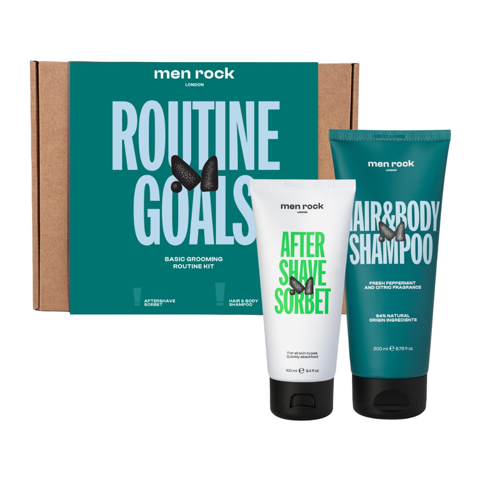 Routine Goals Basic Grooming Kit by Men Rock for Men - 2 Pc 3.4oz After Shave Sorbet, 6.76oz Hair and Body Shampoo