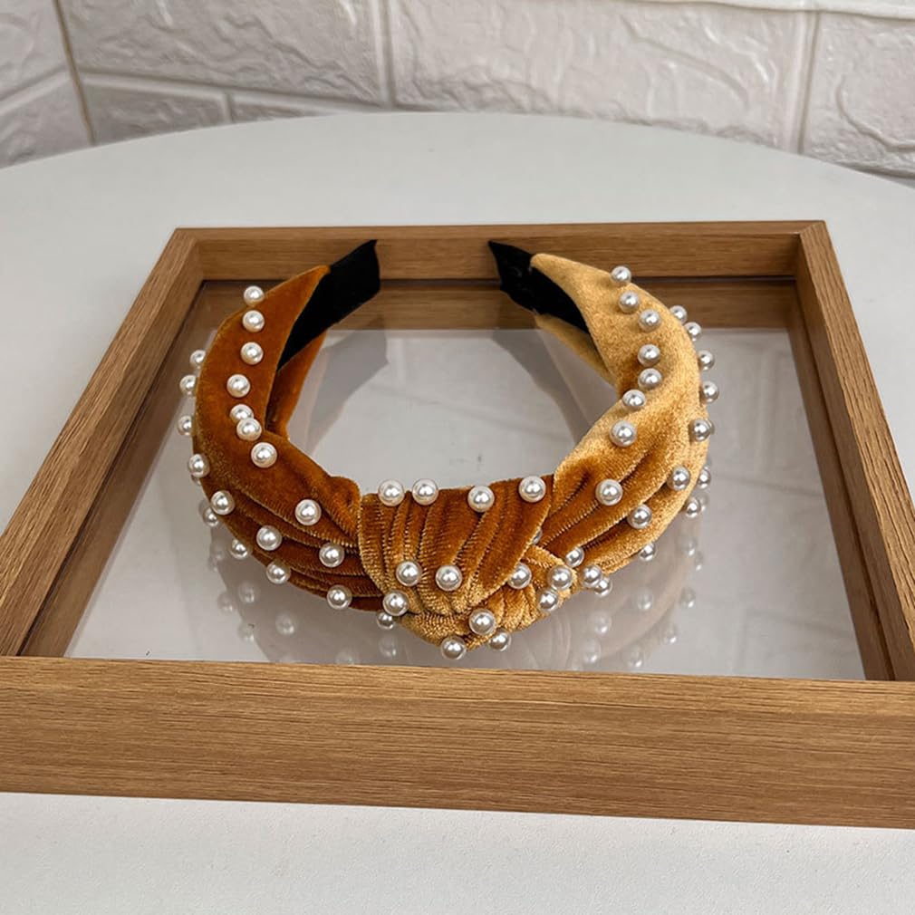 Women's Pearl Yellow Hairband Wide Soft Classic Knotted Headband