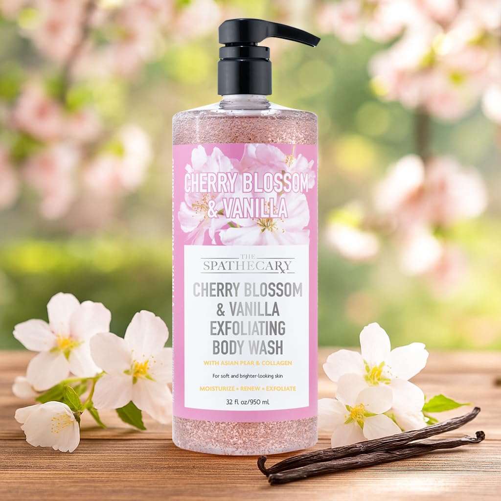 THE SPATHECARY Cherry Blossom & Vanilla Exfoliating Body Wash with Coconut and Asian Pear & Collagen | Moisturize Renew & Exfoli