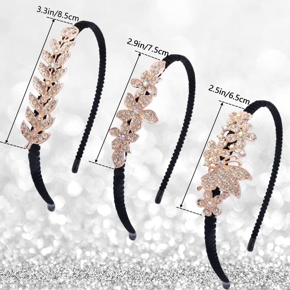 TCOTBE 3 Pcs Crystal Hair Band Fashion Hairbands for Girls Leaf Butterfly Flower Jewelry Rhinestone Hoop Elegant Hair Pieces Bli