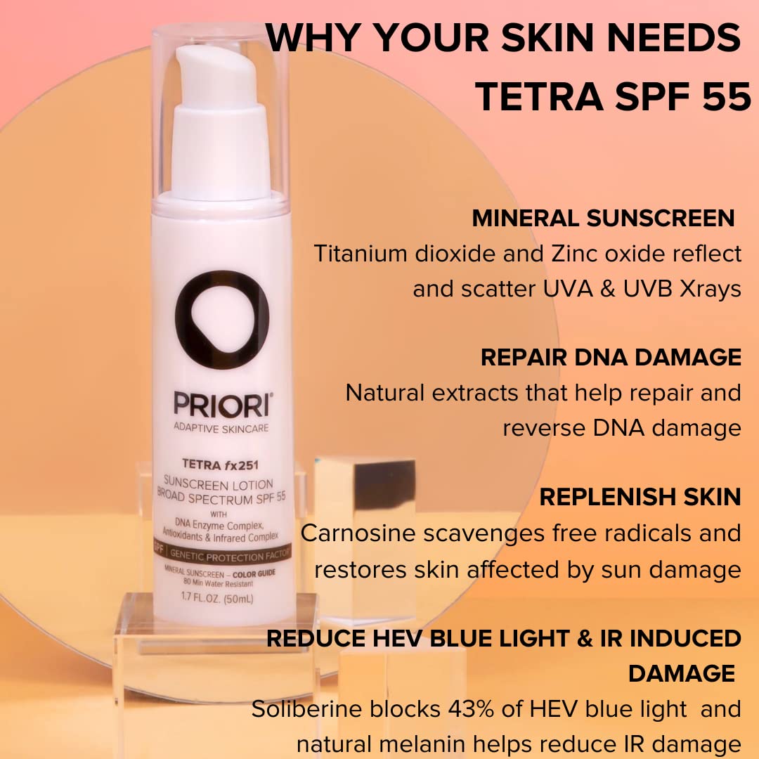 Priori Skincare Tetra Sunscreen Lotion Broad Spectrum SPF 55 Universal Skin Tint, Zinc Oxide Facial Sunscreen, Blue Light Protec