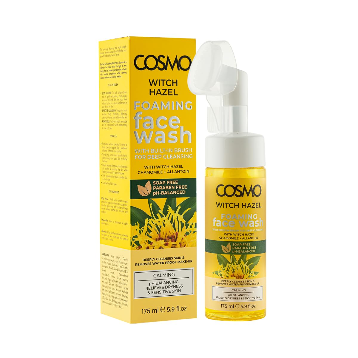 Cosmo Witch Hazel Foaming Face Wash 175Ml, With Built In Brush For Deep Cleansing, PhBalanced And Paraben Free, Relieve Dryness