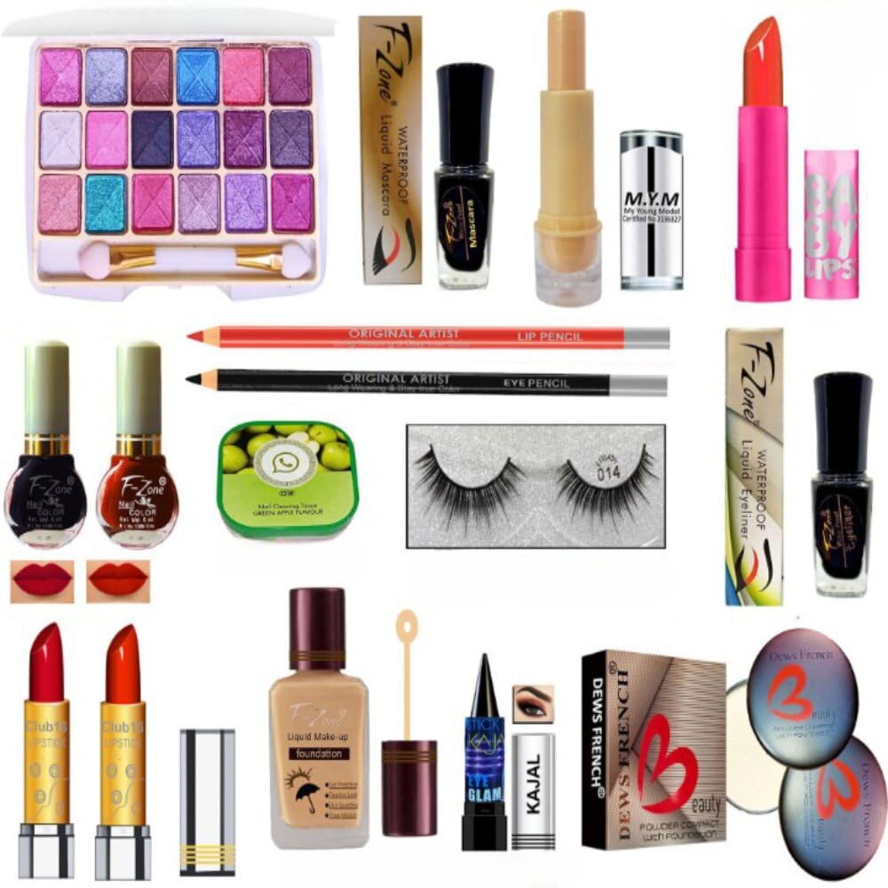 Makeup Kit With 12 Nail Polish Eye Liner Foundation 3 Lipstick Mascara Lip Balm And Kajal Vc29 (Pack Of 21)