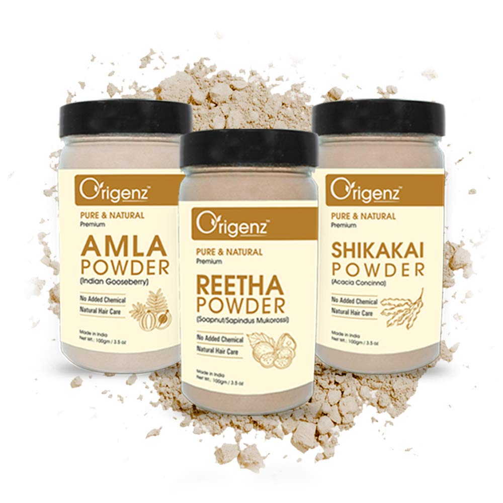 Origenz Natural Hair Care 3 Powders Combo 300 Gm - Amla Reetha Shikakai Powder For Pack, Wash, Mask, Shampoo, Dandruff, Cleanser